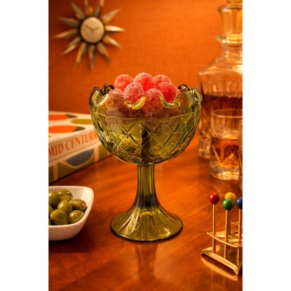 Vintage Glass Candy‎ Dish 8" Avocado Green Diamond Point Pedestal Bowl MCM